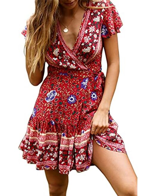 ZESICA Womens Summer Wrap V Neck Bohemian Floral Print Ruffle Swing A Line Beach Mini Dress