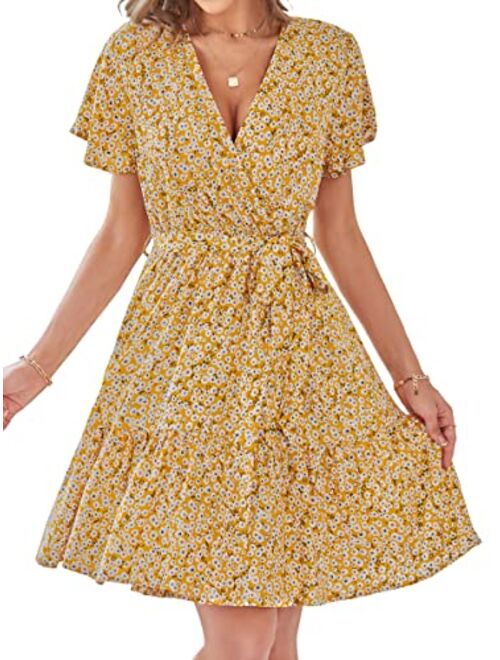 ZESICA Womens Summer Wrap V Neck Bohemian Floral Print Ruffle Swing A Line Beach Mini Dress