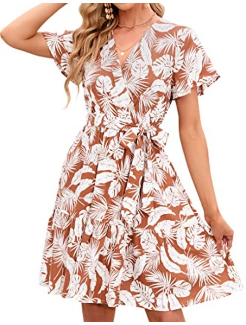 ZESICA Womens Summer Wrap V Neck Bohemian Floral Print Ruffle Swing A Line Beach Mini Dress