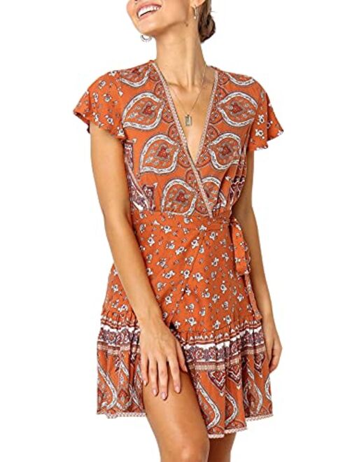 ZESICA Womens Summer Wrap V Neck Bohemian Floral Print Ruffle Swing A Line Beach Mini Dress