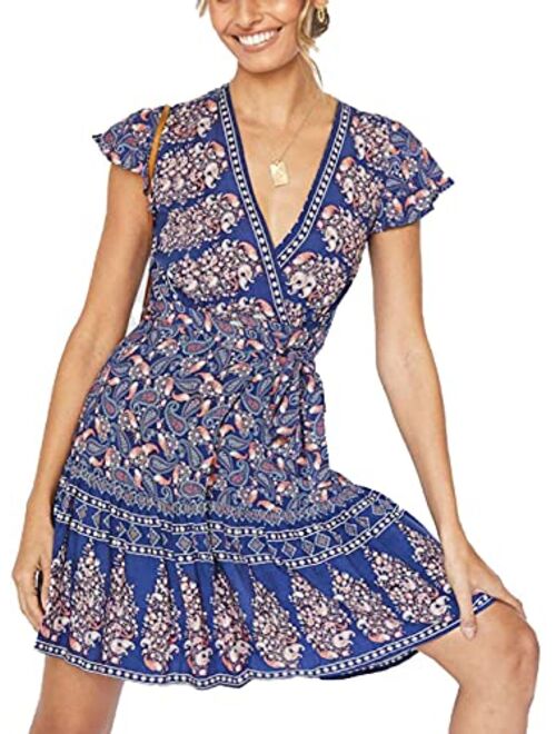 ZESICA Womens Summer Wrap V Neck Bohemian Floral Print Ruffle Swing A Line Beach Mini Dress