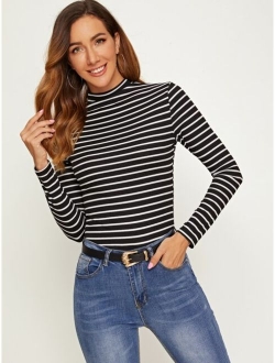 Mock-neck Rib-knit Fitted Striped Tee