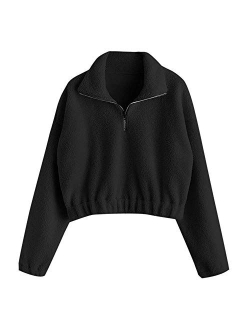 Women's Fashion Long Sleeve Lapel Half Zip Plain Faux Fur Sweatshirt Solid Color Crop Pullover Tops