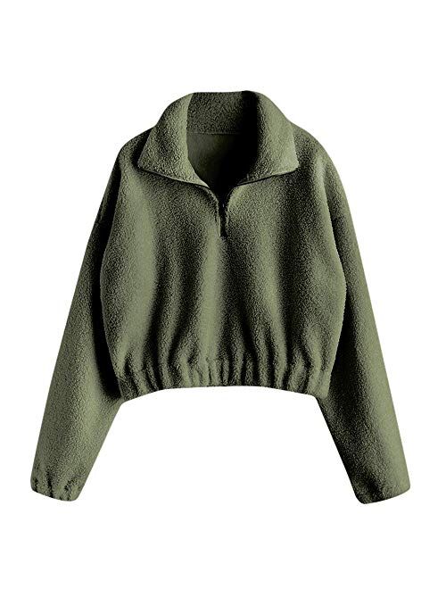 ZAFUL Women's Fashion Long Sleeve Lapel Half Zip Plain Faux Fur Sweatshirt Solid Color Crop Pullover Tops