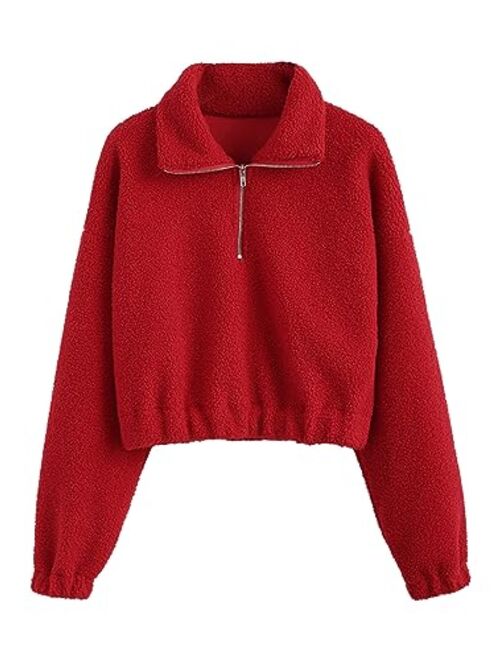 ZAFUL Women's Fashion Long Sleeve Lapel Half Zip Plain Faux Fur Sweatshirt Solid Color Crop Pullover Tops