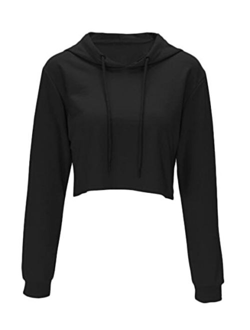 Women Long Sleeve Pullover Hooded Sweatshirt Casual Loose Crop Top Shirt