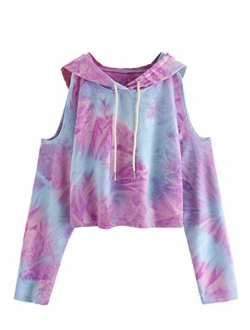 Women's Cold Shoulder Tie Dye Pullover Hoodie Crop Top Sweatshirt