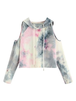 Women's Cold Shoulder Tie Dye Pullover Hoodie Crop Top Sweatshirt