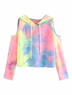 Women's Cold Shoulder Tie Dye Pullover Hoodie Crop Top Sweatshirt