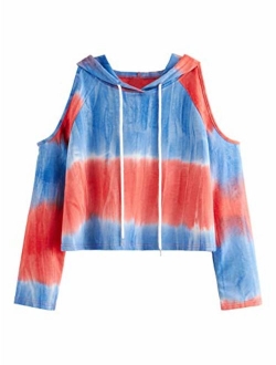 Women's Cold Shoulder Tie Dye Pullover Hoodie Crop Top Sweatshirt