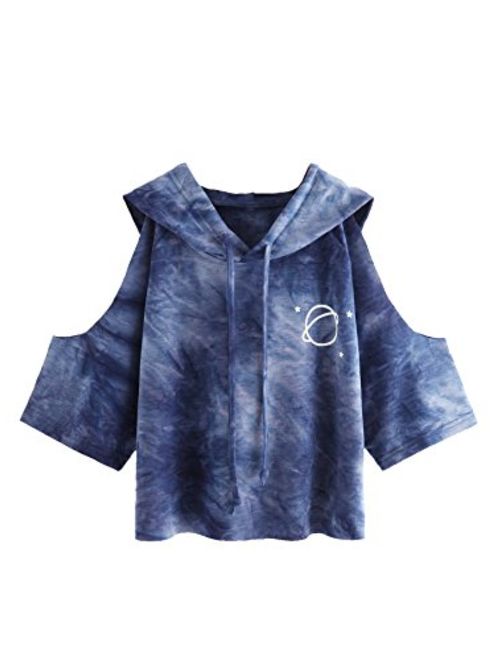 SweatyRocks Women's Cold Shoulder Tie Dye Pullover Hoodie Crop Top Sweatshirt