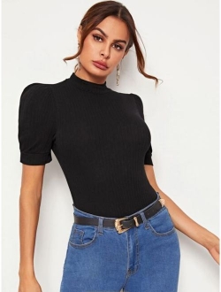 Mock-neck Puff Sleeve Rib-knit Top