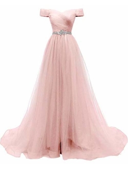 AiniDress Women's A-line Tulle Prom Dresses Off the Shoulder Formal Evening Ball Gown