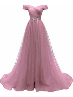 AiniDress Women's A-line Tulle Prom Dresses Off the Shoulder Formal Evening Ball Gown