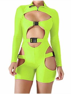VWIWV Women's Bodycon Bag Buckle High Neck Jumpsuit Long Sleeves Sexy Hollowing Out Romper