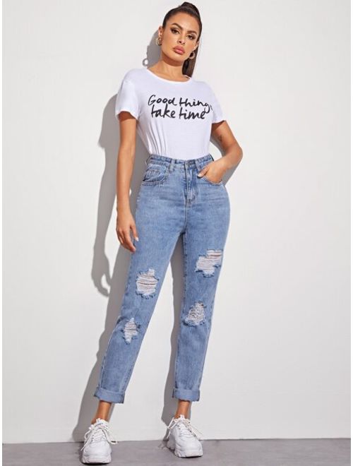 Shein Solid Ripped 5-pocket Carrot Jeans