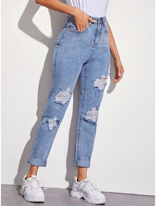 Shein Solid Ripped 5-pocket Carrot Jeans