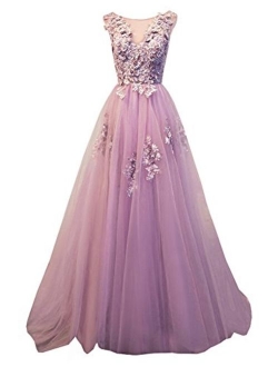 Ever Girl Women's Sweep Lace Appliques Scoop Collar Tulle A-Line Prom Dresses