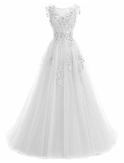 Ever Girl Women's Sweep Lace Appliques Scoop Collar Tulle A-Line Prom Dresses