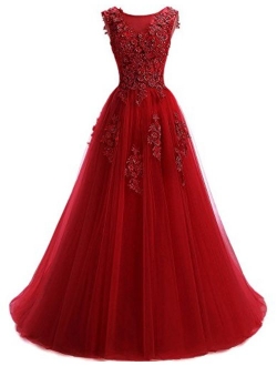 Ever Girl Women's Sweep Lace Appliques Scoop Collar Tulle A-Line Prom Dresses