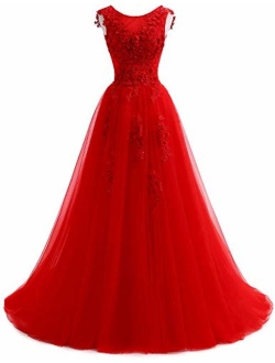 Ever Girl Women's Sweep Lace Appliques Scoop Collar Tulle A-Line Prom Dresses