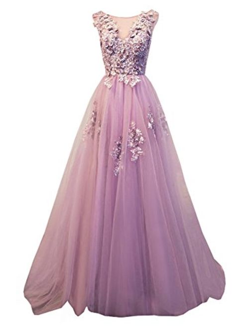 Ever Girl Women's Sweep Lace Appliques Scoop Collar Tulle A-Line Prom Dresses