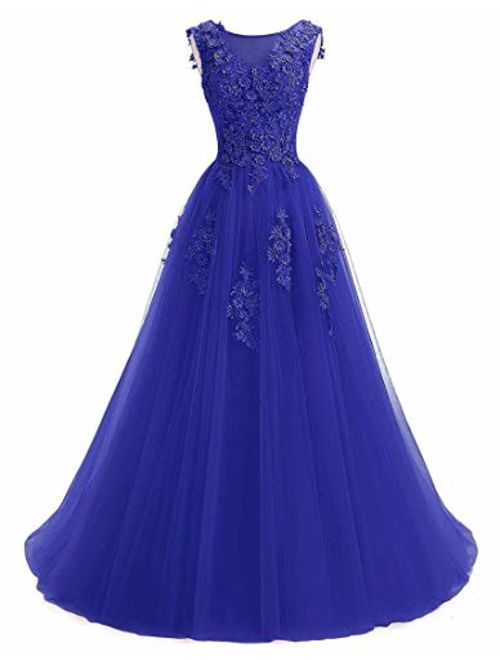 Ever Girl Women's Sweep Lace Appliques Scoop Collar Tulle A-Line Prom Dresses