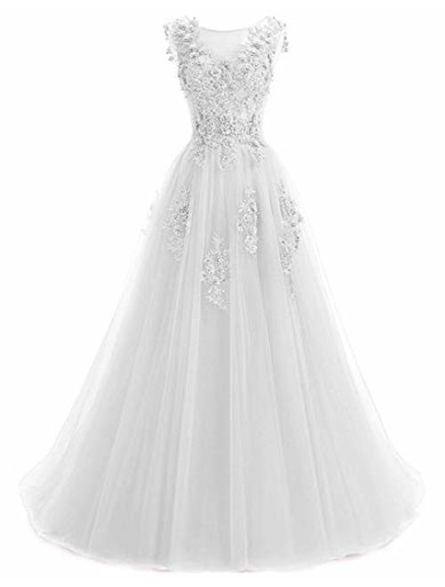 Ever Girl Women's Sweep Lace Appliques Scoop Collar Tulle A-Line Prom Dresses