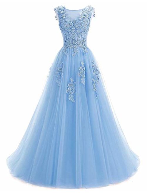 Ever Girl Women's Sweep Lace Appliques Scoop Collar Tulle A-Line Prom Dresses