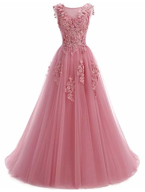 Ever Girl Women's Sweep Lace Appliques Scoop Collar Tulle A-Line Prom Dresses