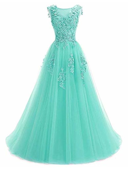 Ever Girl Women's Sweep Lace Appliques Scoop Collar Tulle A-Line Prom Dresses