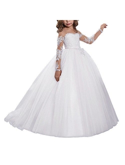 Lace Embroidery Sheer Long Sleeves Kids Trailing Gowns