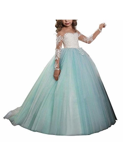 Lace Embroidery Sheer Long Sleeves Kids Trailing Gowns