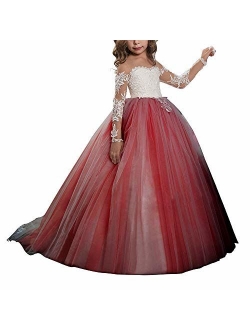 Lace Embroidery Sheer Long Sleeves Kids Trailing Gowns