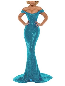 YSMei Women's Off Shoulder Mermaid Sequins Evening Dress Long Prom Gowns