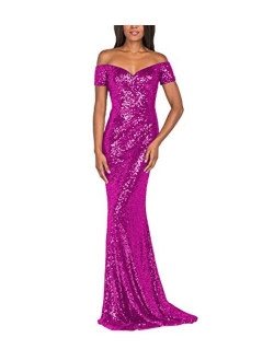 YSMei Women's Off Shoulder Mermaid Sequins Evening Dress Long Prom Gowns