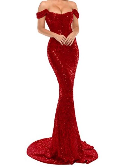 YSMei Women's Off Shoulder Mermaid Sequins Evening Dress Long Prom Gowns