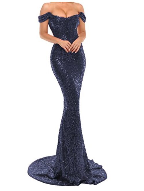 YSMei Women's Off Shoulder Mermaid Sequins Evening Dress Long Prom Gowns