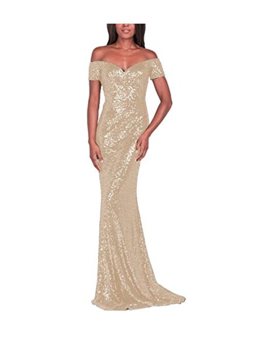 YSMei Women's Off Shoulder Mermaid Sequins Evening Dress Long Prom Gowns