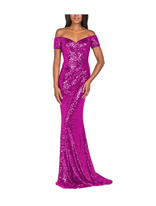 YSMei Women's Off Shoulder Mermaid Sequins Evening Dress Long Prom Gowns