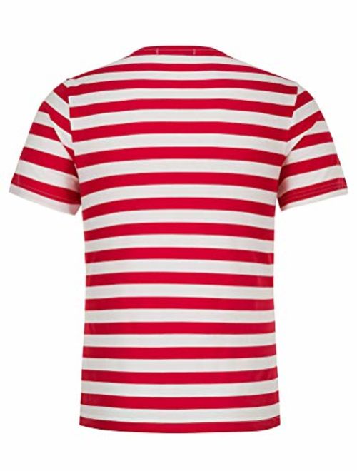 THWEI Men Color Block Crewneck Short Sleeve Casual Allover Print Striped T Shirt-Red & White-XL(Fit 44-46)