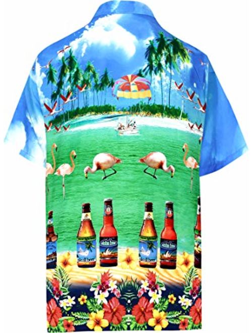 LA LEELA Men's 3D HD Ugly Flamingos Beach Short Sleeve Casual Hawaiian Shirt XL Blue_W549