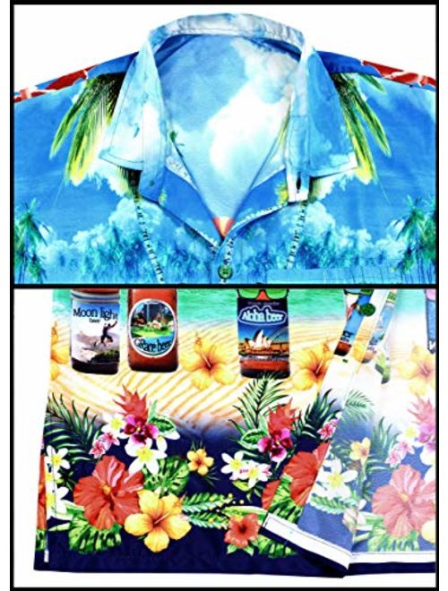 LA LEELA Men's 3D HD Ugly Flamingos Beach Short Sleeve Casual Hawaiian Shirt XL Blue_W549