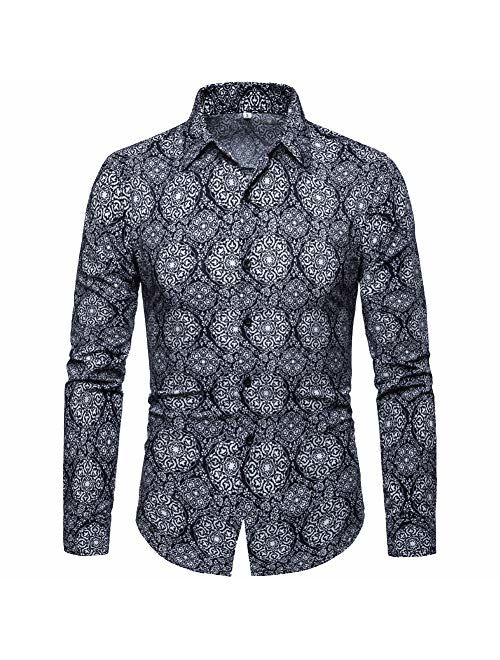 Elegeet Mens Regular Fit Floral Printed Dress Shirt Casual Long Sleeve Fashion Button Down Shirt Large