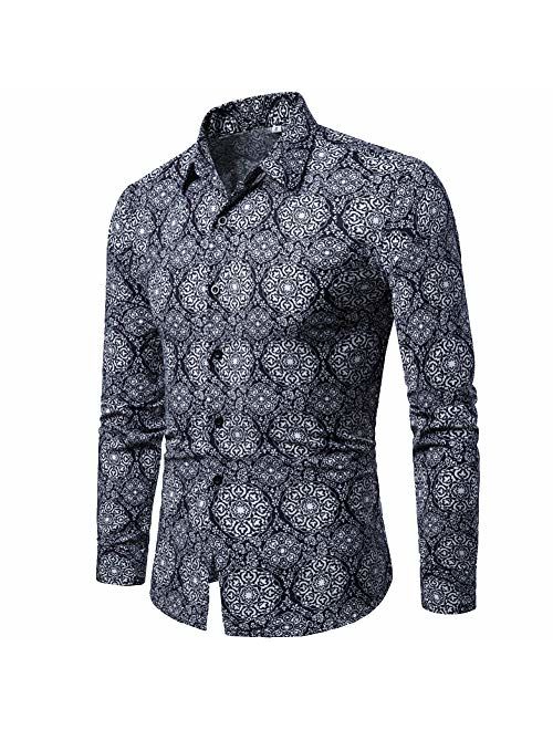 Elegeet Mens Regular Fit Floral Printed Dress Shirt Casual Long Sleeve Fashion Button Down Shirt Large