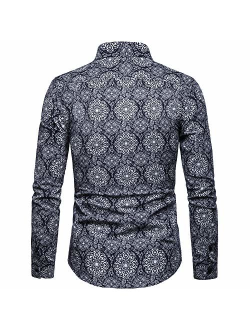 Elegeet Mens Regular Fit Floral Printed Dress Shirt Casual Long Sleeve Fashion Button Down Shirt Large