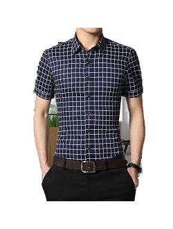 Anewsex Mens Cotton Dress Shirts Short Sleeve Plaid Pattern Business Formal Shirt Male Camisa Male