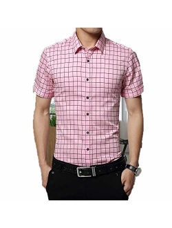 Anewsex Mens Cotton Dress Shirts Short Sleeve Plaid Pattern Business Formal Shirt Male Camisa Male