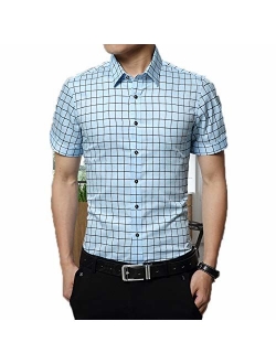 Anewsex Mens Cotton Dress Shirts Short Sleeve Plaid Pattern Business Formal Shirt Male Camisa Male