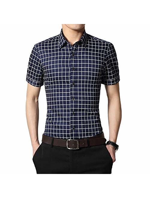 Anewsex Mens Cotton Dress Shirts Short Sleeve Plaid Pattern Business Formal Shirt Male Camisa Male